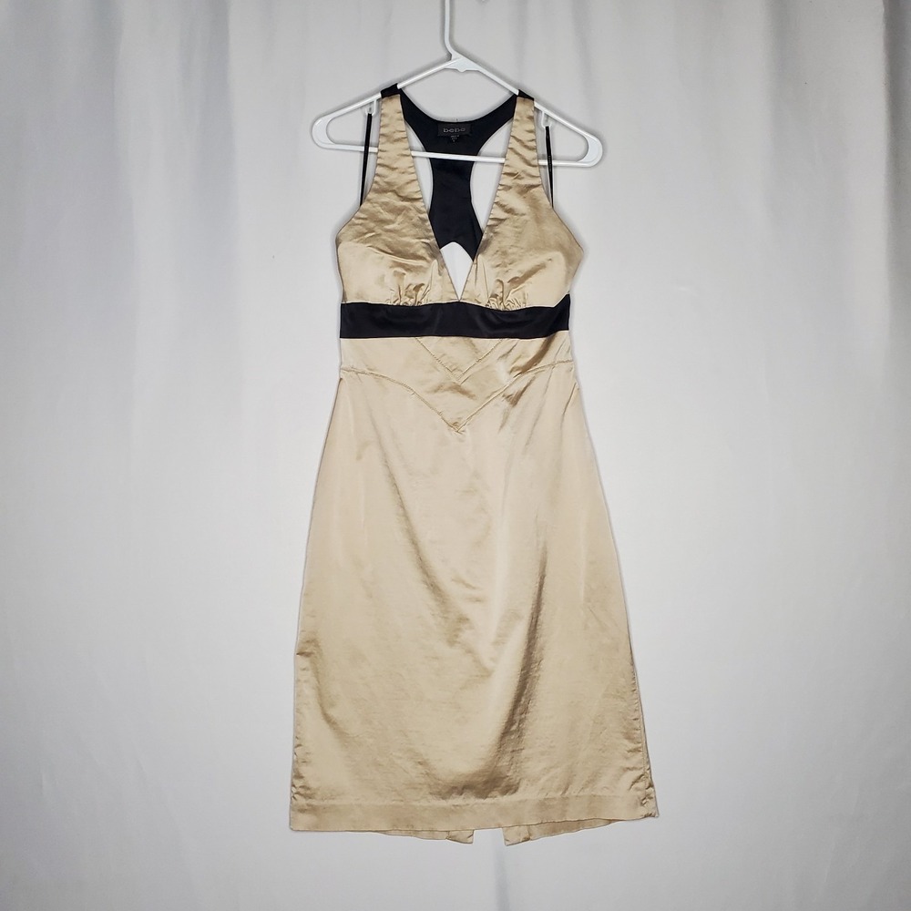 Bebe Dress Large Racerback Halter Empire A-Line Midi Satin Sexy Y2K 00s Glam